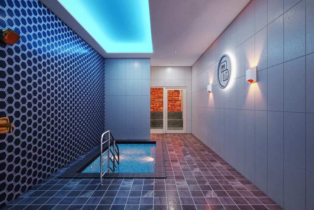 Cold Plunge at Recovery Area for Palm Beach Sports Club fitness center beautifully designed by ODSI.